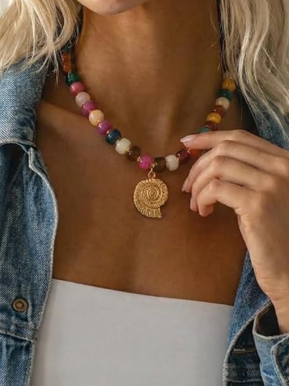 Dopamine Beaded Necklace with Gold Spiral Shell Charm
